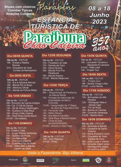Festa do aniversário de 357 anos da Estância Turística de Paraibuna começa nesta quinta-feira, 08 de junho