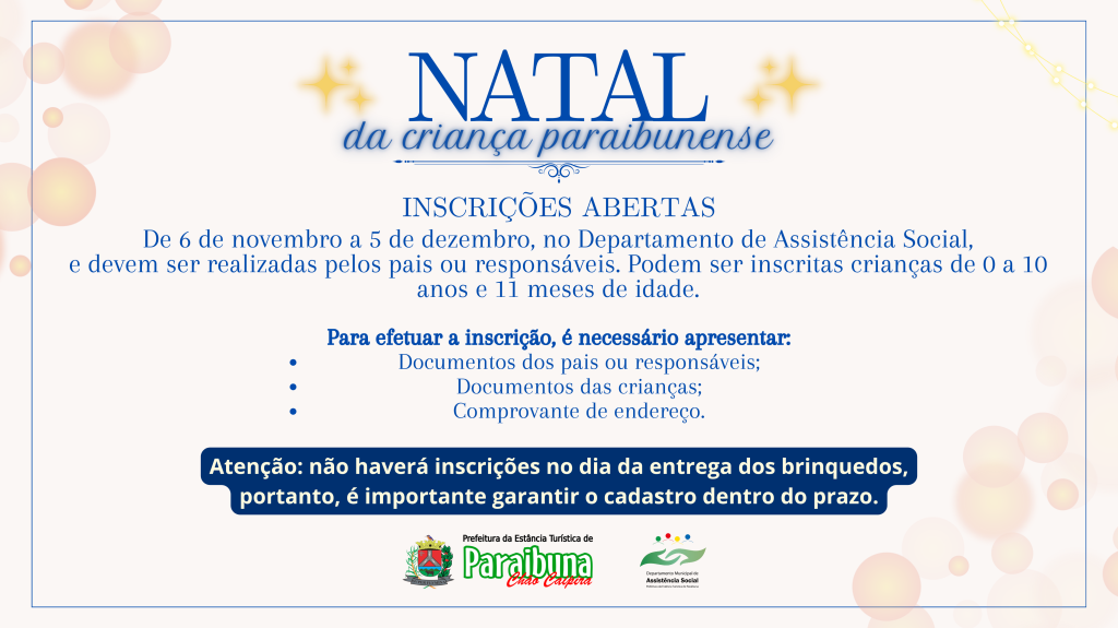 Inscrições abertas para o Natal da Criança Paraibunense 2025