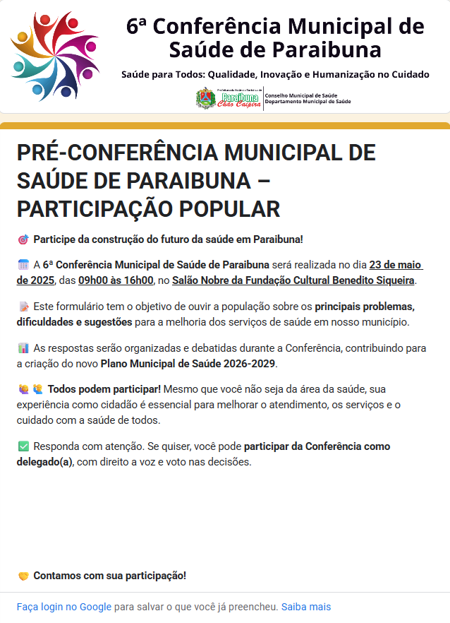 Prefeitura convida população para participação na Pré-Conferência Municipal de Saúde de Paraibuna