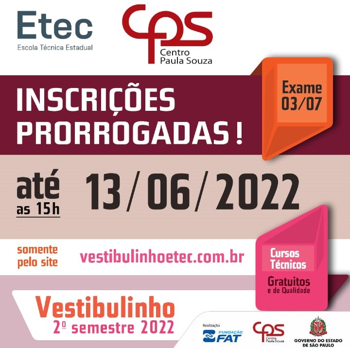 Inscrições para o Vestibulinho 2022 da ETEC são prorrogadas em