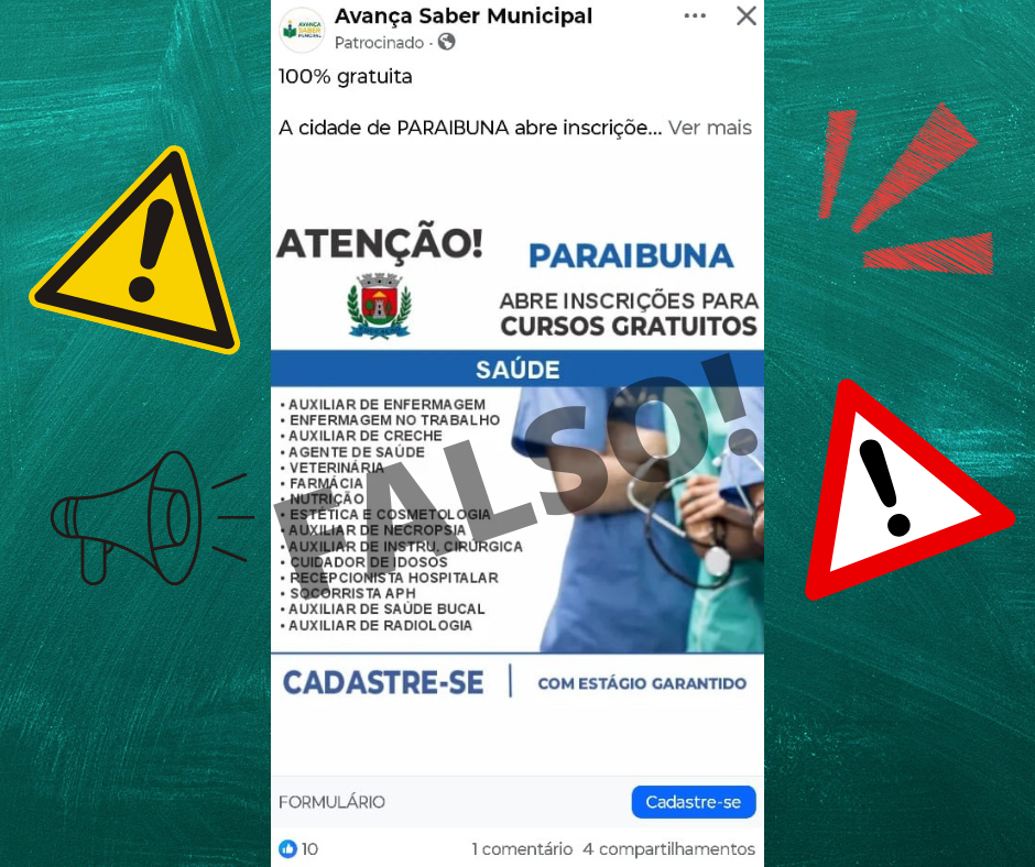 Prefeitura alerta população sobre falso anúncio de “cursos gratuitos” oferecidos em Paraibuna