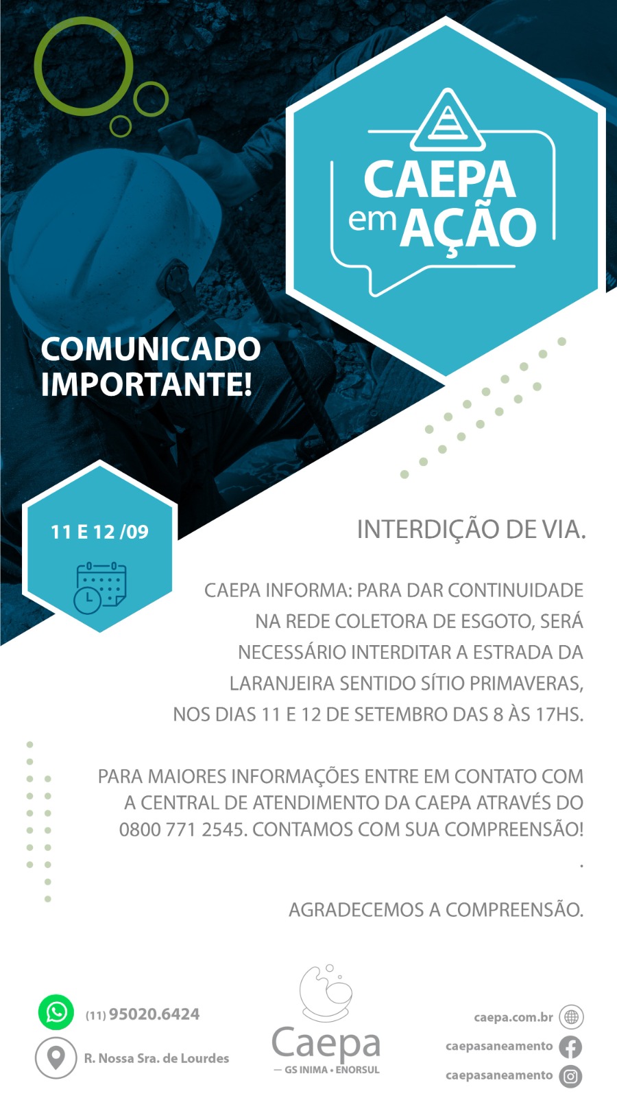 Estrada das Laranjeiras, sentido Sítio Primavera, estará interditada nos dias 11 e 12/09, para obras da Caepa