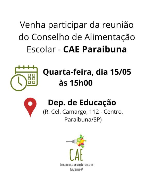 Conselho de Alimentação Escolar (CAE) de Paraibuna convida munícipes para a próxima reunião, dia 15/05