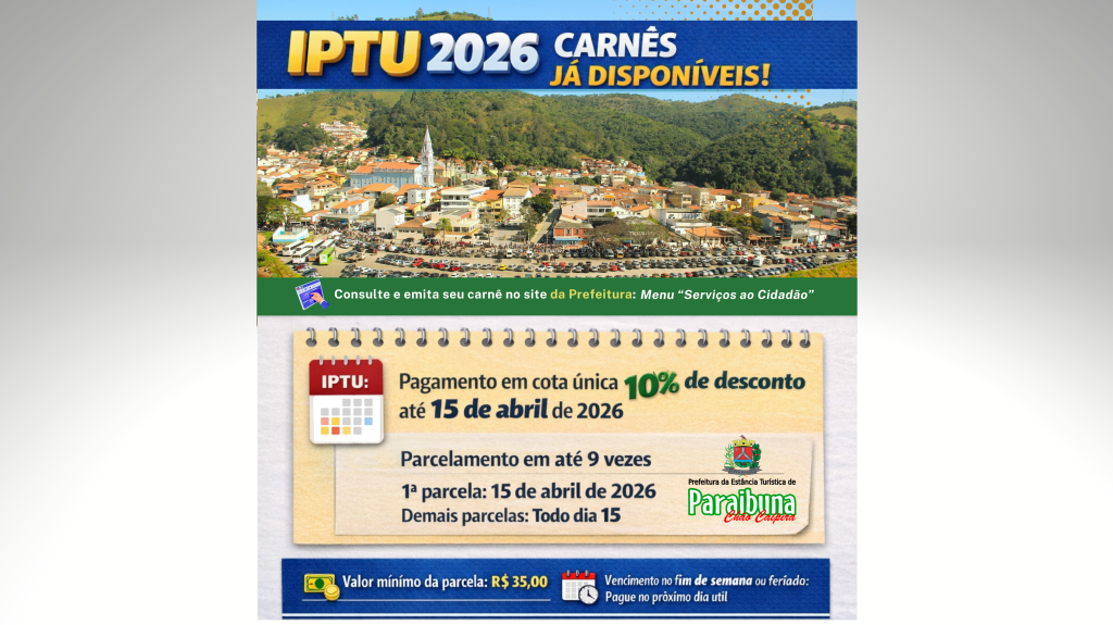 Prefeitura disponibiliza carnê do IPTU 2026 e orienta sobre prazos de pagamento
