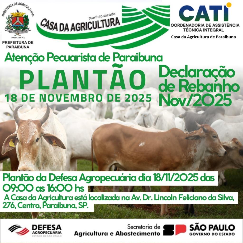 Defesa Agropecuária realizará plantão para Declaração de Rebanho em Paraibuna