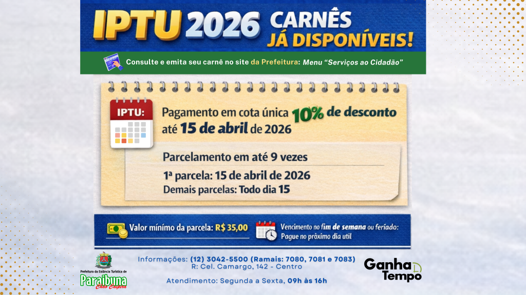 Prefeitura disponibiliza carnê do IPTU 2026 e orienta sobre prazos de pagamento