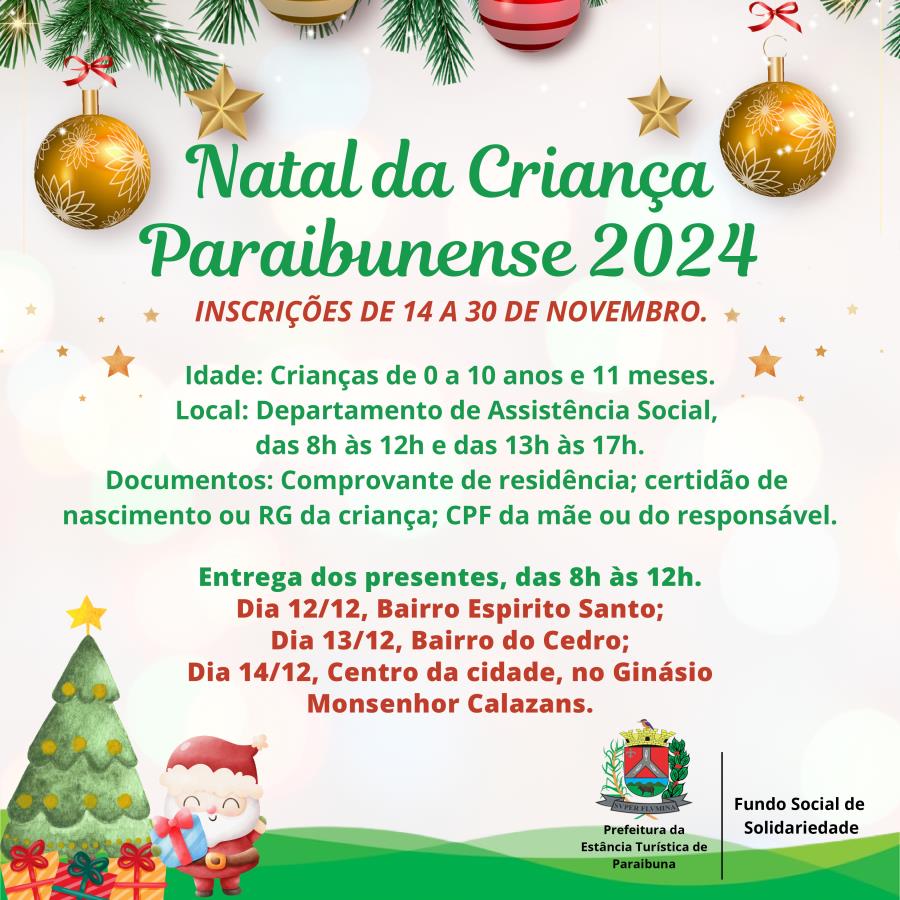 Inscrições abertas para o Natal da Criança Paraibunense 2024