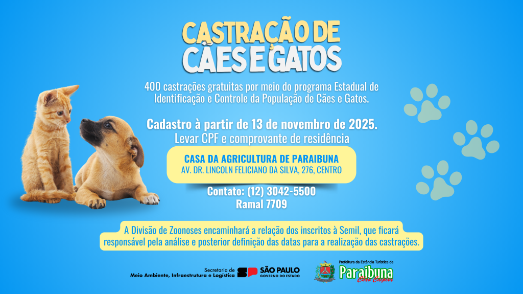 Paraibuna é contemplada com o Programa Estadual de Castração de Cães e Gatos da SEMIL