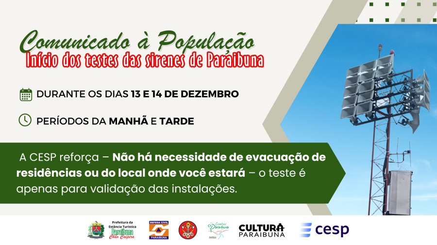 Esta semana CESP realizará os testes sonoros das sirenes instaladas em Paraibuna