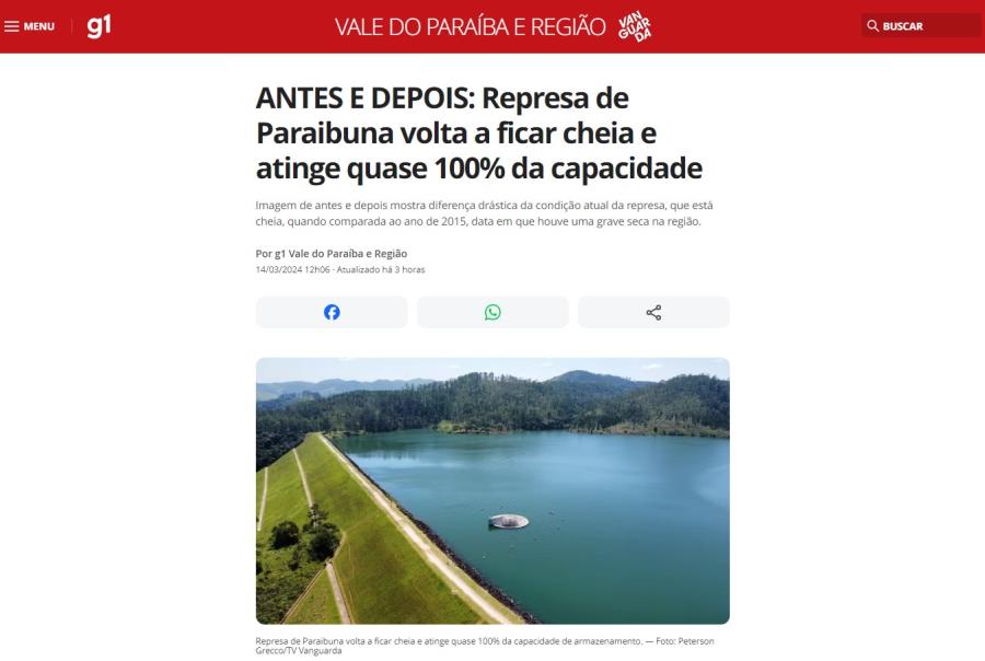 Nível da represa de Paraibuna é tema de reportagem do portal G1