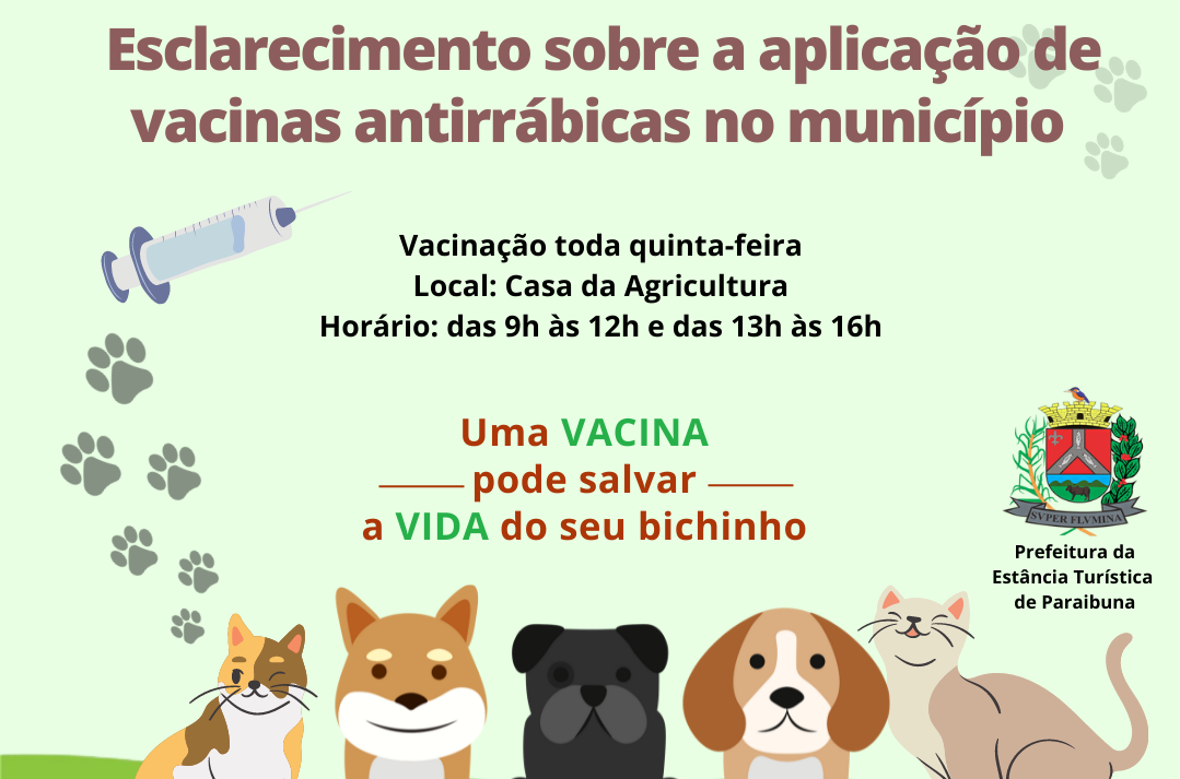 Governo Municipal esclarece a população sobre a vacinação antirrábica de cães e gatos em Paraibuna