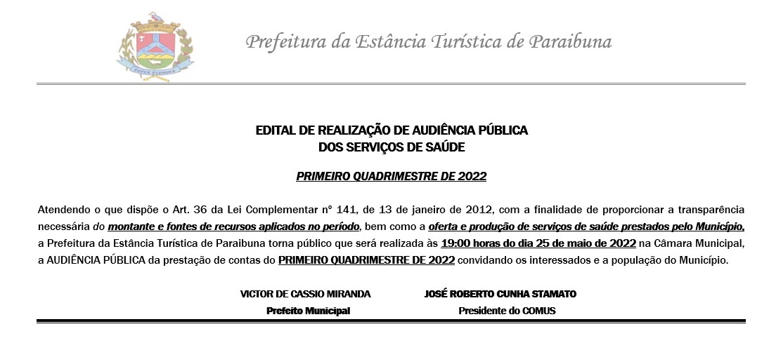 Prefeitura promove audiência pública dos serviços de saúde - 1º Quadrimestre de 2022