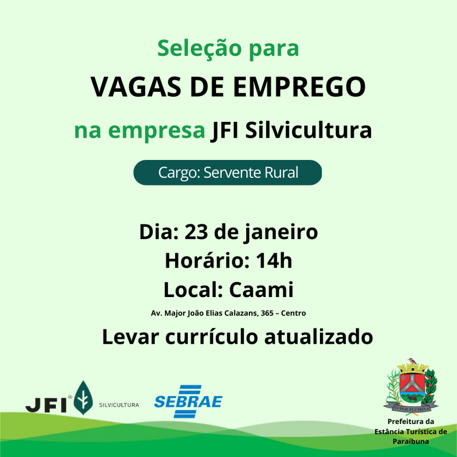 Oportunidade de trabalho: empresa JFI oferece mais 15 vagas de servente rural para moradores de Paraibuna