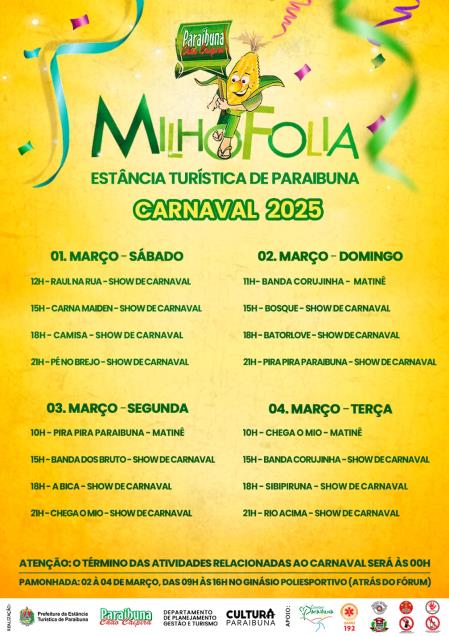 Prefeitura divulga programação oficial do Milhofolia 2025 – Carnaval de rua e Pamonhada de Paraibuna