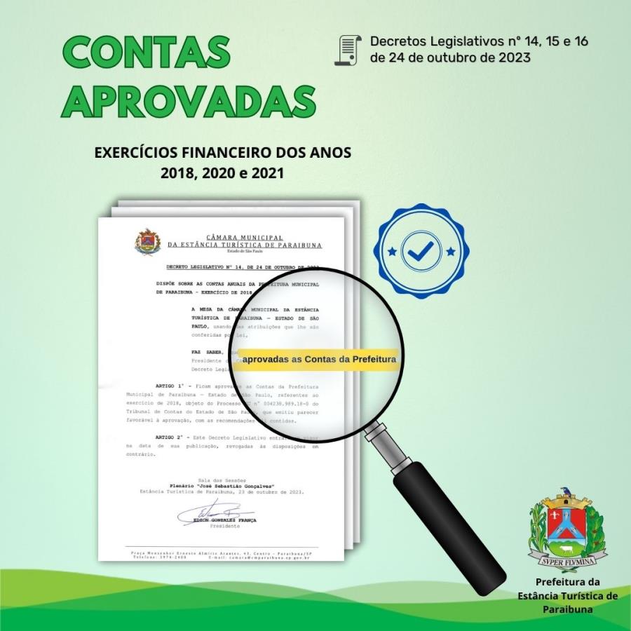 Câmara de Paraibuna aprova por unanimidade as contas da Prefeitura relativas aos exercícios 2018, 2020 e 2021