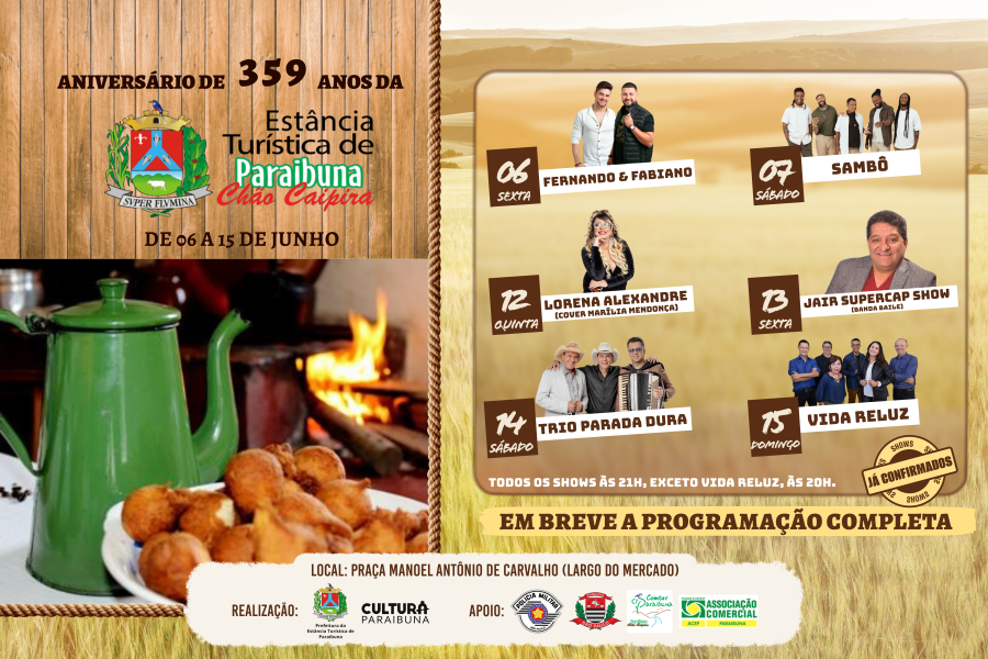 Paraibuna celebra 359 anos com 10 dias de festa, cultura, turismo e sabores tradicionais do município