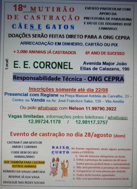 Ong Cepra promove em Paraibuna 18º mutirão de castração de cães e gatos, no dia 28 de agosto