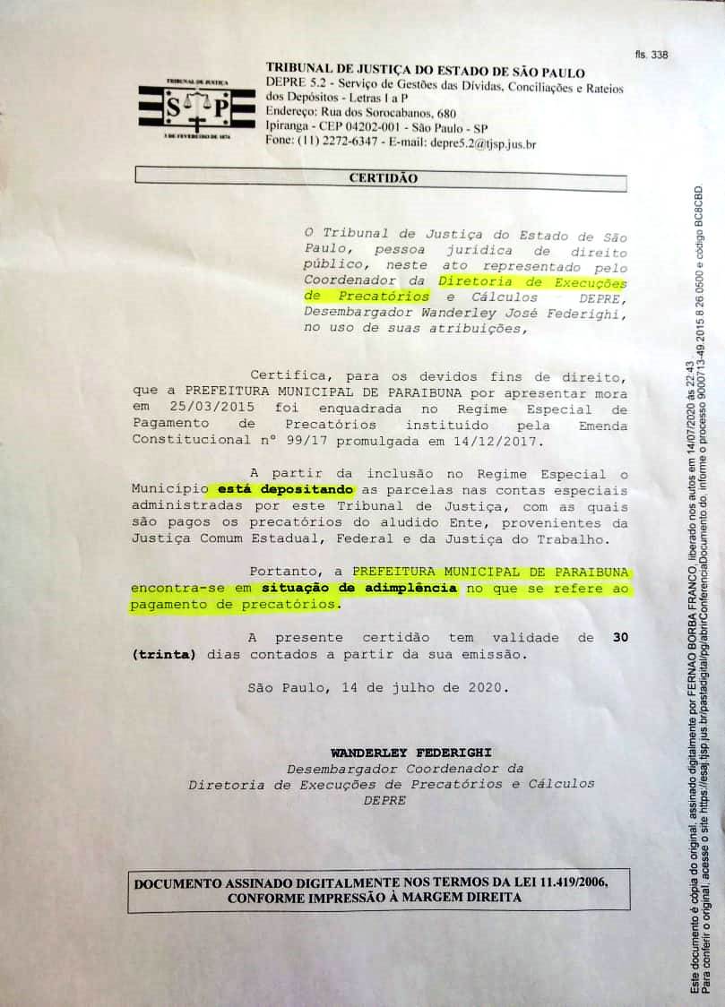 Certidão do TJ-SP comprova que o Governo Municipal está em dia com o pagamento de precatórios