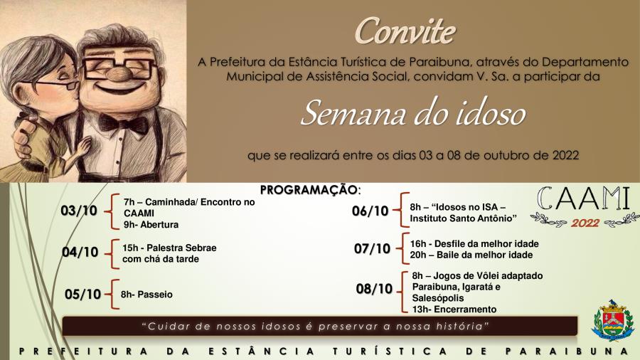 Semana do Idoso, de 03 a 08 de outubro, terá diversas atividades à turma da Melhor Idade de Paraibuna