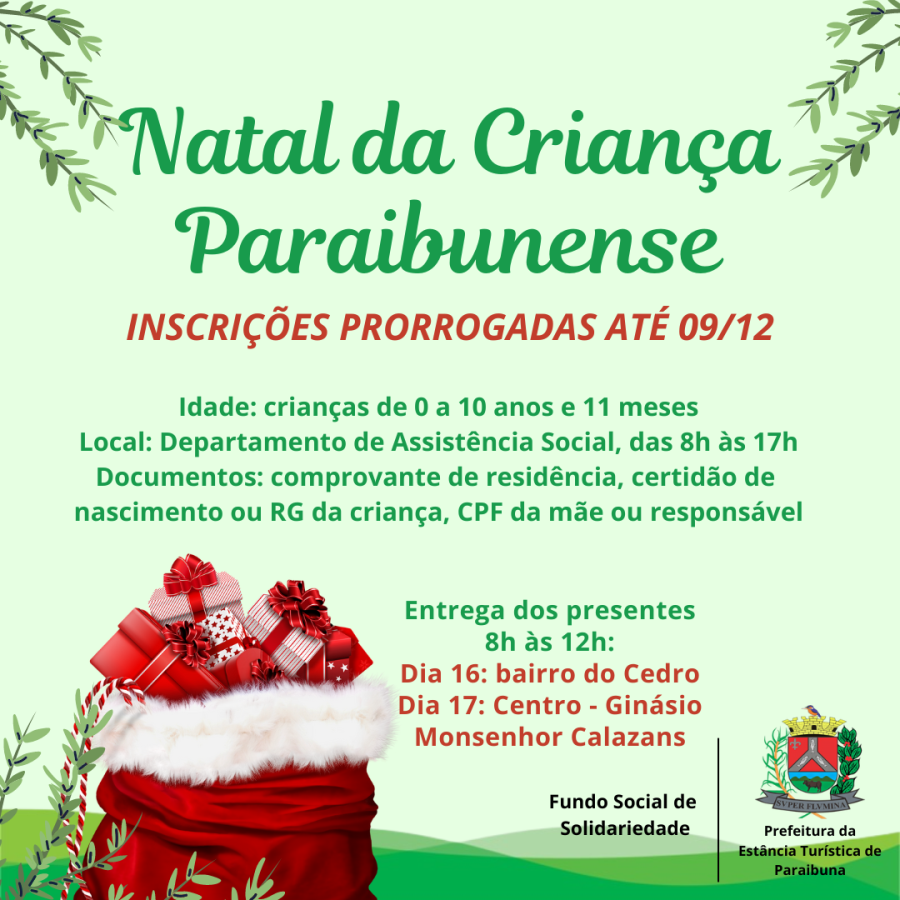 Prorrogadas as inscrições para o Natal da Criança Paraibunense até o dia 09  de dezembro - Prefeitura de Paraibuna