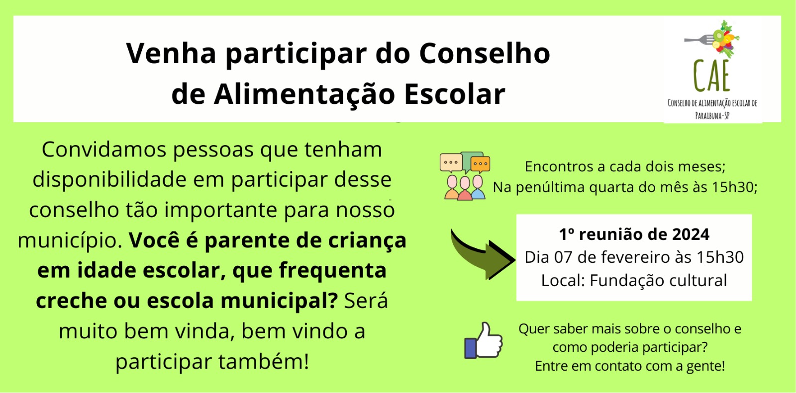 Conselho de Alimentação Escolar (CAE) de Paraibuna convoca para a 1ª reunião ordinária de 2024