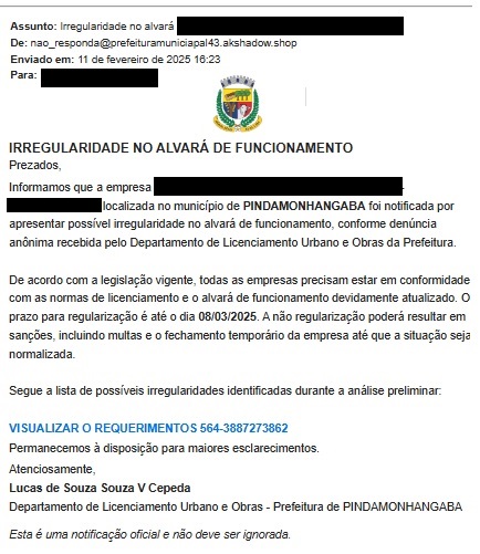 Pinda alerta sobre falsos e-mails e mensagens em nome da Prefeitura, que voltaram a circular na cidade