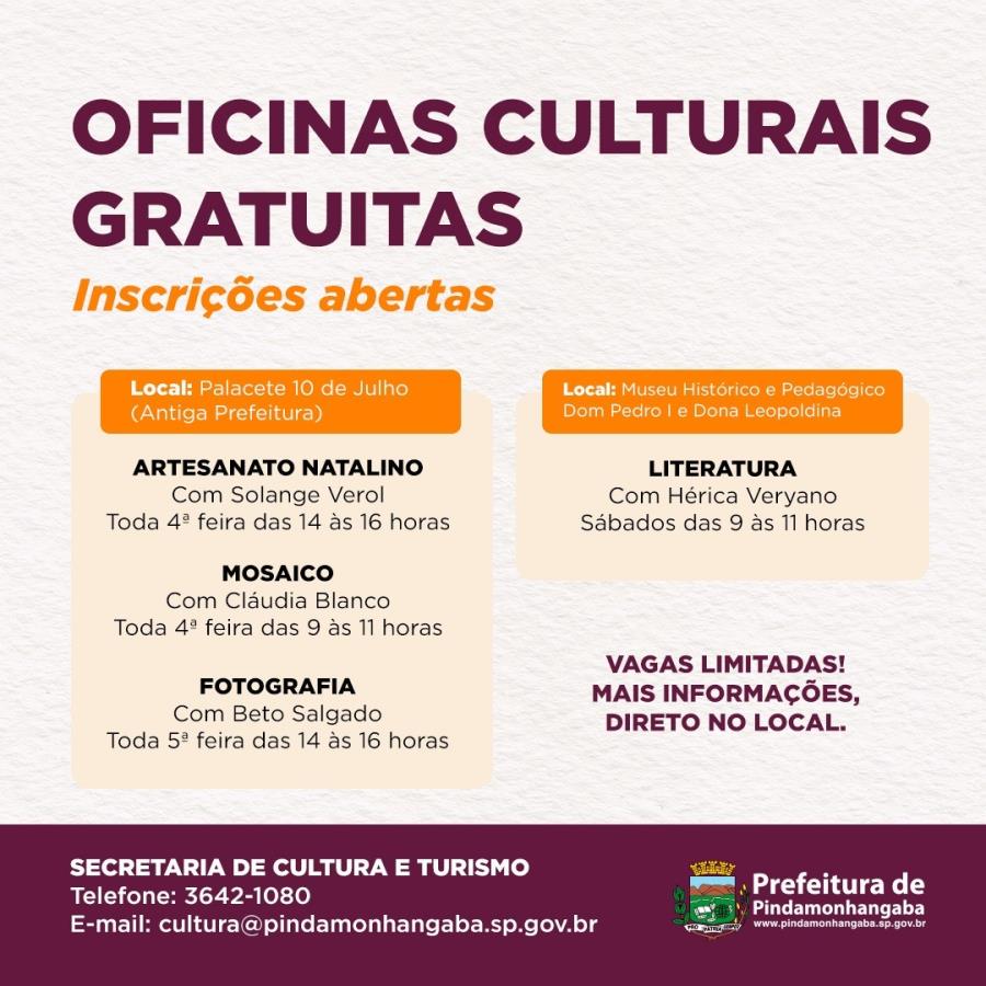 14/10 - Secretaria de Cultura e Turismo apresenta quatro oficinas presenciais gratuitas
