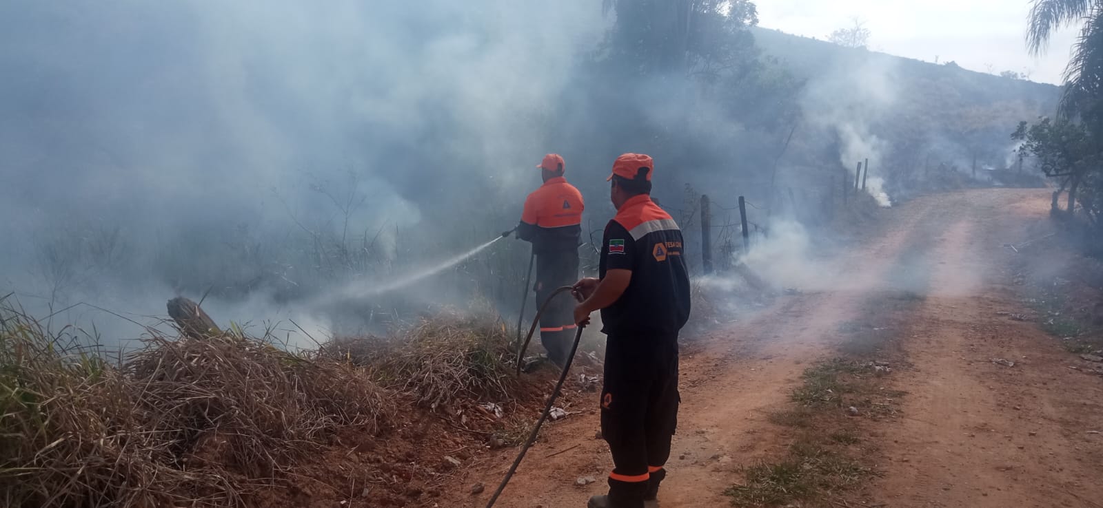 Defesa Civil de Pinda e Corpo de Bombeiros combatem incêndio em bambuzal no bairro Bonsucesso