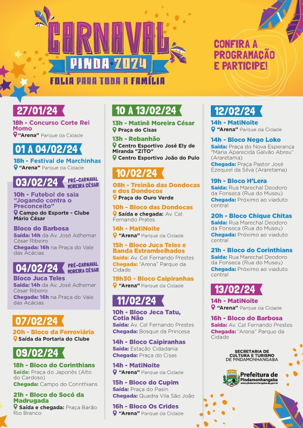 02/02 - Carnaval de Pinda tem Festival de Marchinhas e pré-carnaval de Moreira César no fim de semana