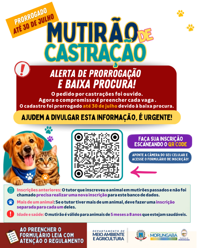 CADASTRO PARA A CASTRAÇÃO: O MUTIRÃO DE CASTRAÇÃO FOI PRORROGADO ATÉ 30 DE JULHO!