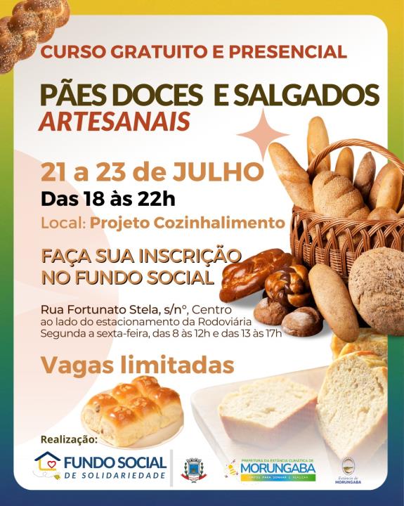 Curso gratuito e presencial: Pães Doces e Salgados (Artesanais)!