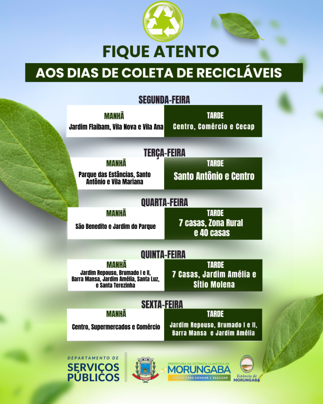 CIDADE LIMPA É RESPONSABILIDADE DE TODOS: CONFIRA O CRONOGRAMA DE RECICLAGEM!
