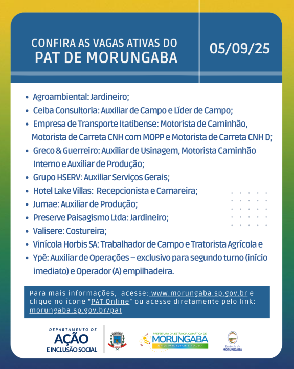 Procurando emprego? confira as vagas ativas do PAT de Morungaba - 05/09/25