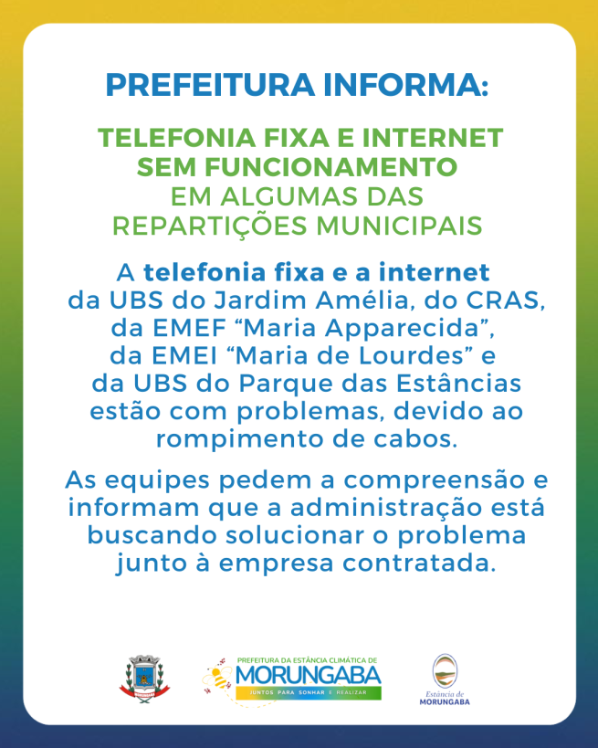 PREFEITURA INFORMA: TELEFONIA FIXA E INTERNET SEM FUNCIONAMENTO EM ALGUMAS REPARTIÇÕES MUNICIPAIS