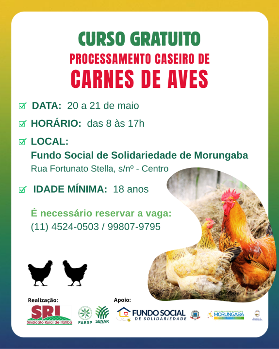 Curso gratuito: Processamento caseiro de carnes de aves