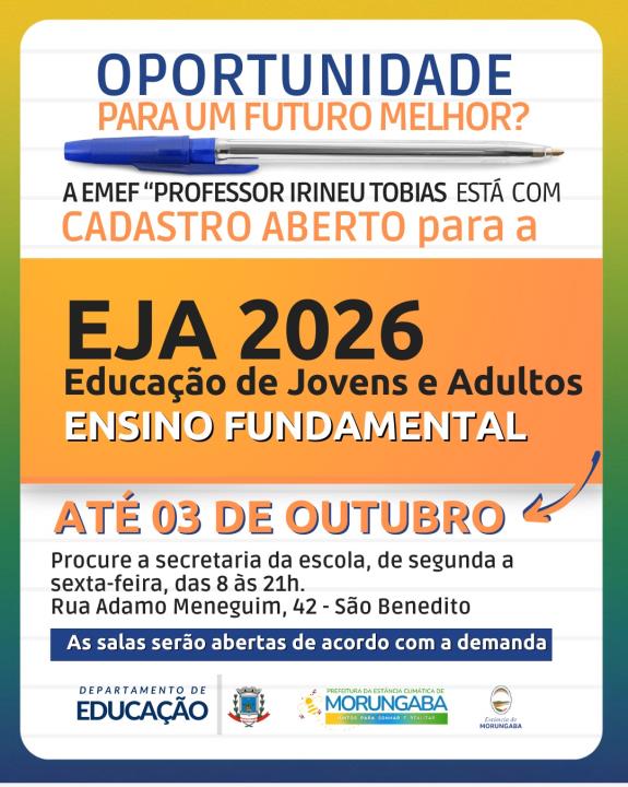 OPORTUNIDADE À VISTA: EJA COM CADASTRO ABERTO PARA INTERESSADOS!