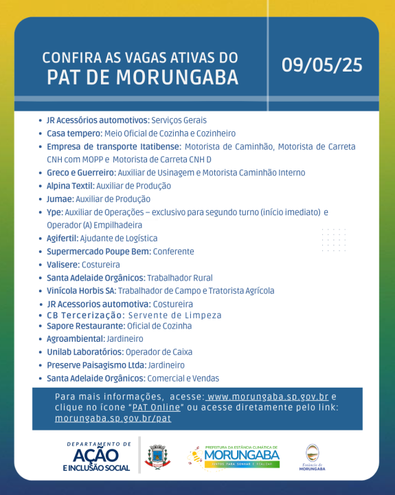 Confira as vagas de emprego ativas do PAT de Morungaba - 09/05/25