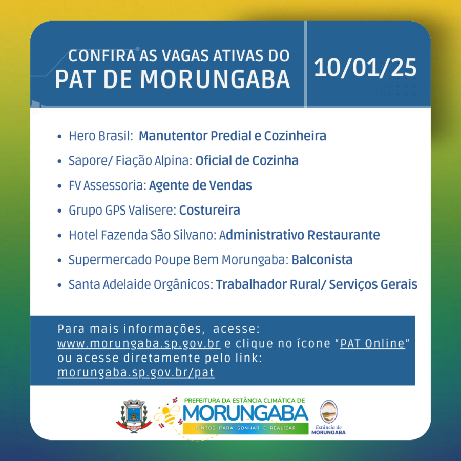 Confira as vagas de emprego ativas do PAT de Morungaba