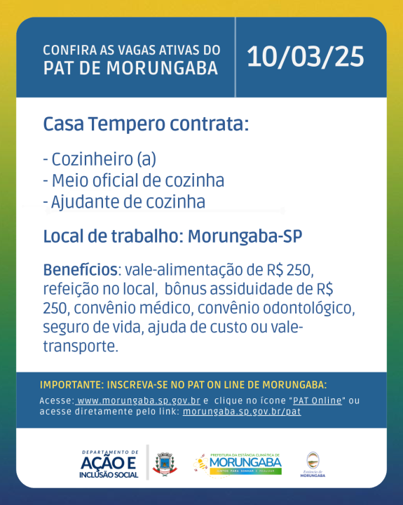 PREFEITURA INFORMA VAGAS ATIVAS NO PAT: