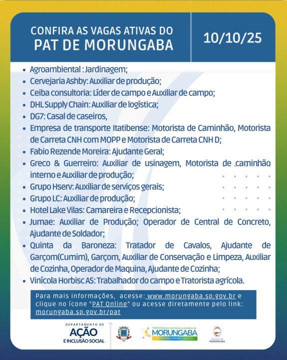 CONFIRA AS VAGAS ATIVAS DO PAT DE MORUNGABA 10/10/2025