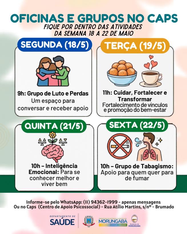 AGENDA DE OFICINAS DO CAPS – SEMANA 18 A 22 DE MAIO