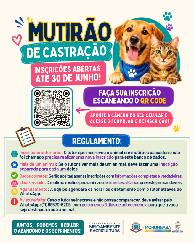 O MUTIRÃO DE CASTRAÇÃO ESTÁ COM AS INSCRIÇÕES ABERTAS ATÉ DIA 30 DE JUNHO!