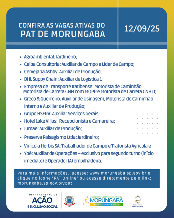 Procurando emprego? confira as vagas ativas do PAT de Morungaba - 12/09/25