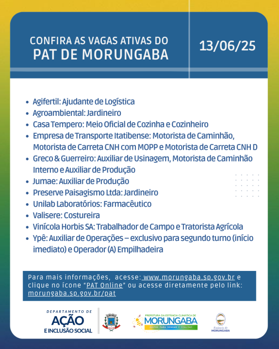 CONFIRA AS VAGAS ATIVAS DO PAT DE MORUNGABA - 13/06/25