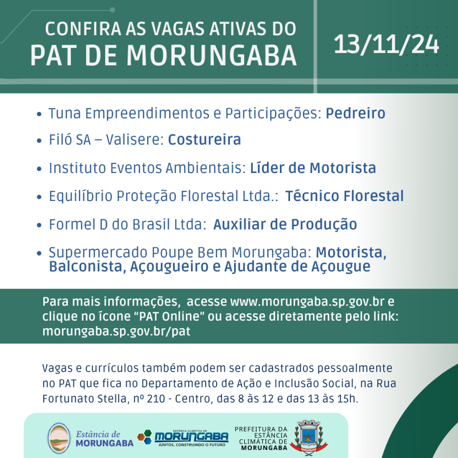 Confira as vagas ativas do PAT de Morungaba - 13/11/2024