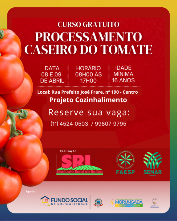 Oportunidade: curso gratuito de Processamento Caseiro do Tomate
