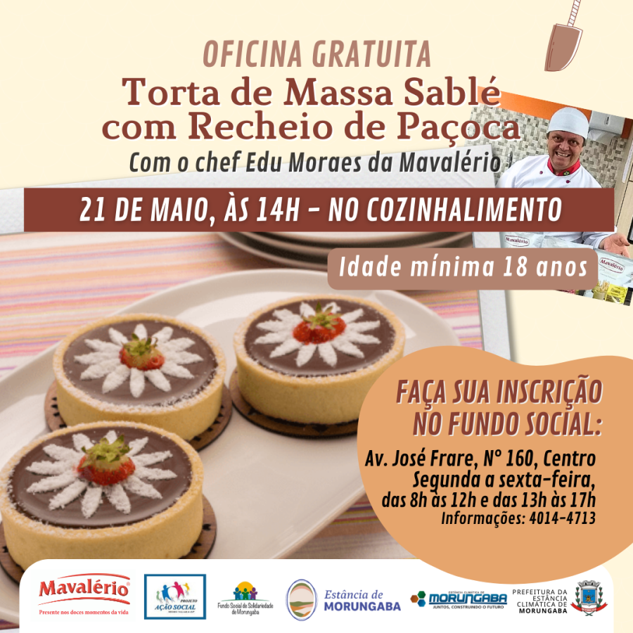 Oficina gratuita: "Torta de Massa Sablé com Recheio de Paçoca" com o Chef Edu Moraes da Mavalério