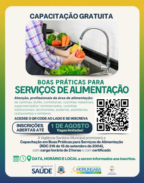 CAPACITAÇÃO GRATUITA "BOAS PRÁTICAS PARA SERVIÇOS DE ALIMENTAÇÃO"!