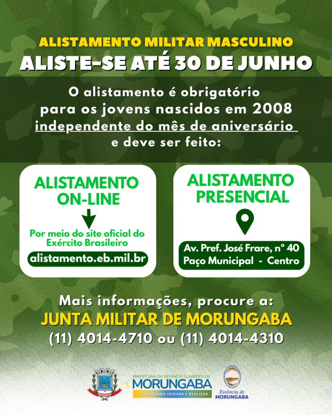 ALISTAMENTO MILITAR MASCULINO: ATÉ 30 DE JUNHO