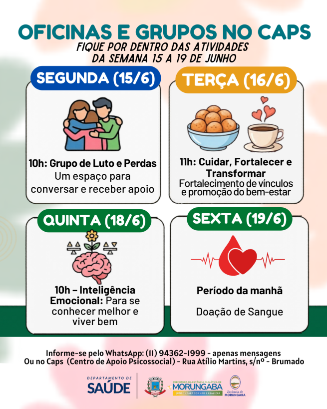 OFICINAS E GRUPOS DO CAPS: CONFIRA A PROGRAMAÇÃO DA SEMANA
